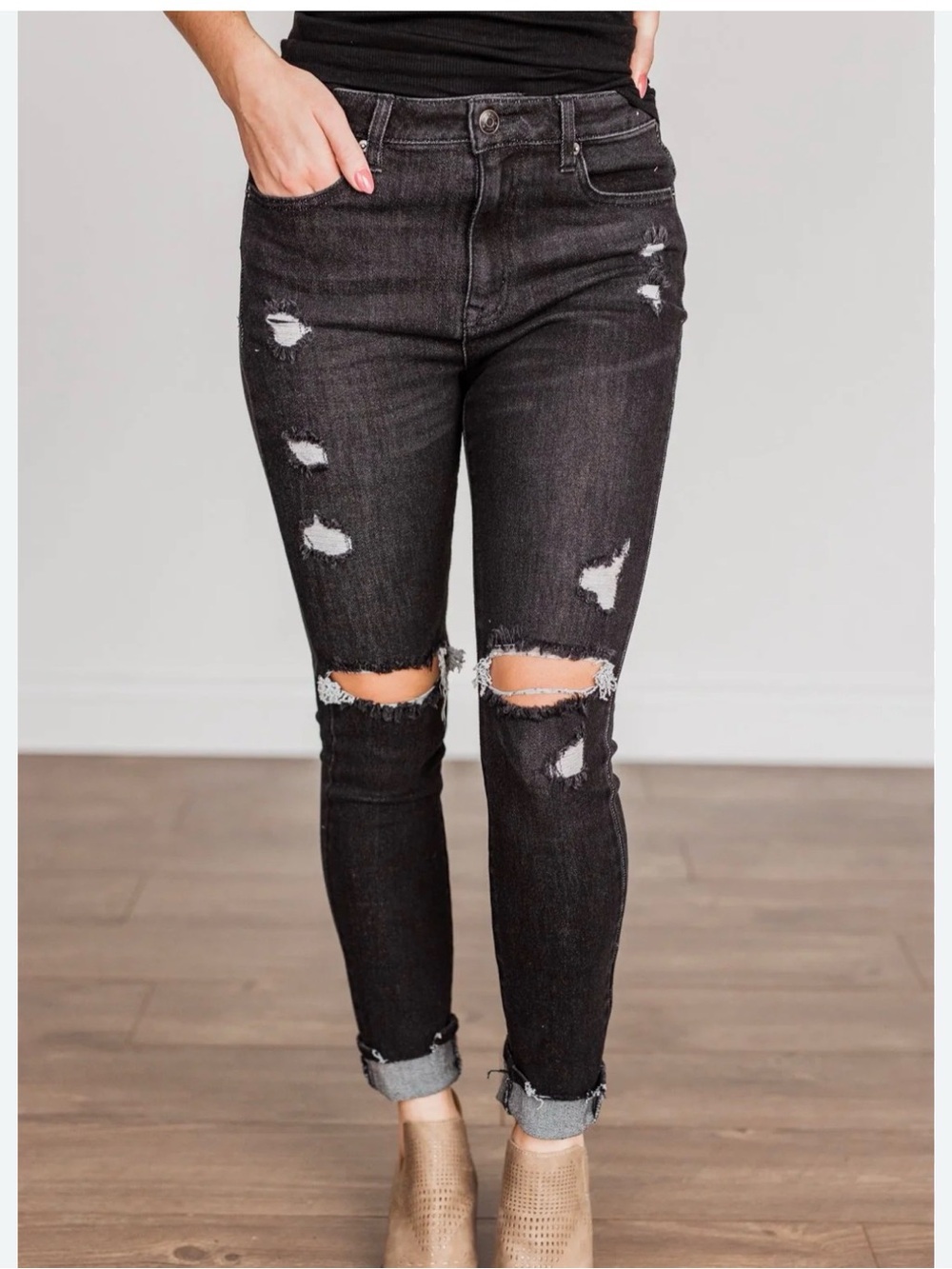 white birch Black Ripped High-Rise Skinny Jeans